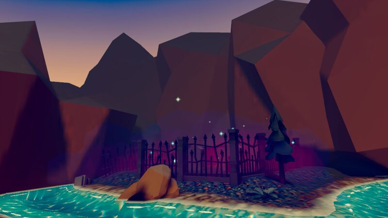 A wrought-iron gate beside glowing turquoise water at dusk, fireflies drifting among red rock cliffs.