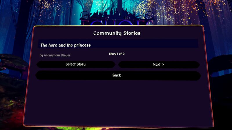 The Community Stories menu showing a player-created story, 'The hero and the princess,' with Select Story and Next buttons.
