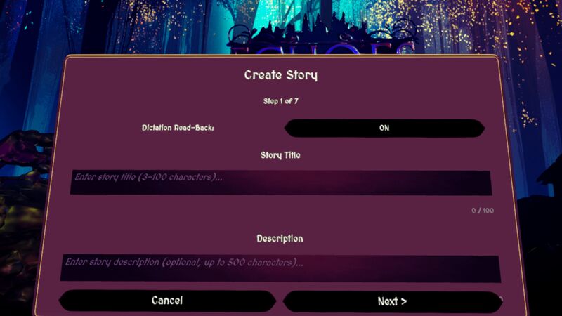 The Create Story screen, step 1 of 7, with Dictation Read-Back set to On and fields for a story title and description.