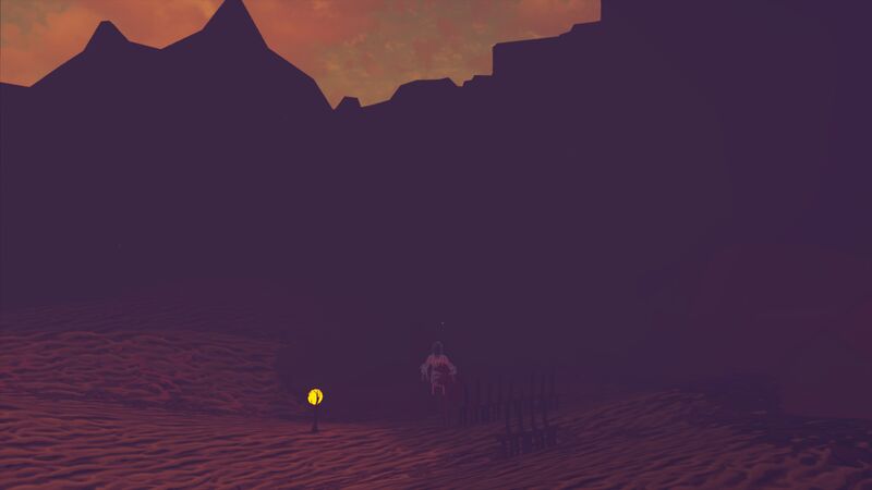 A lone hooded figure crossing red desert dunes at dusk toward a glowing lantern.