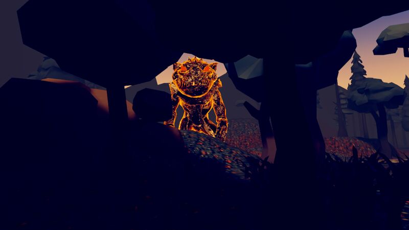 A molten, glowing creature with burning eyes emerging between dark rocks at twilight.