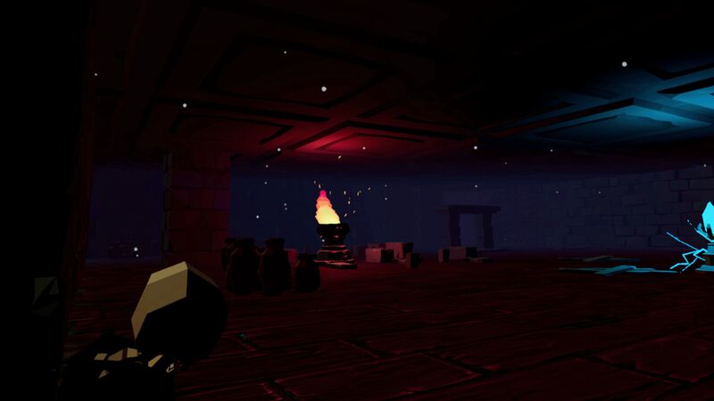 The interior of a stone forge lit by a glowing anvil and embers, a hammer in the player's hand.