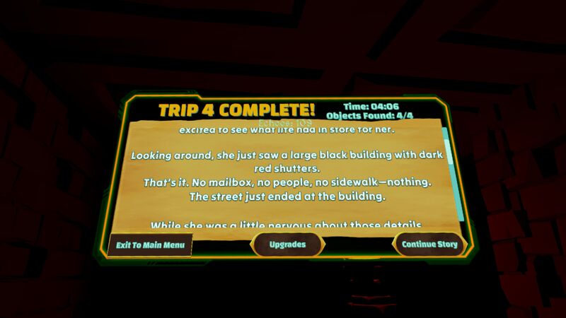 An end-of-level results screen reading 'Trip 4 Complete,' with story text and Upgrades and Continue Story buttons.